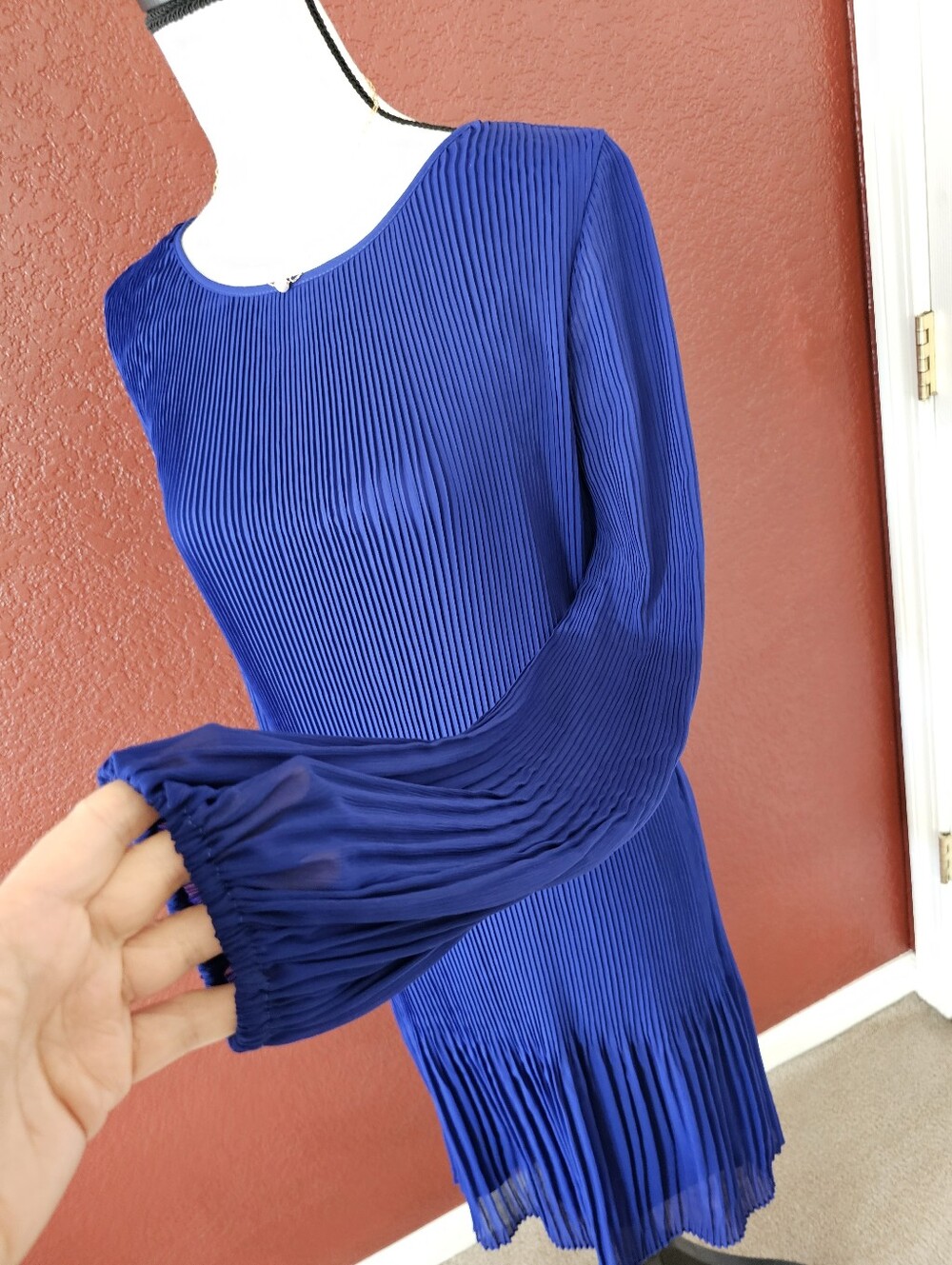 DKNY Cobalt Blue Pleated Long-Sleeve Shift Dress - Picture 5 of 11
